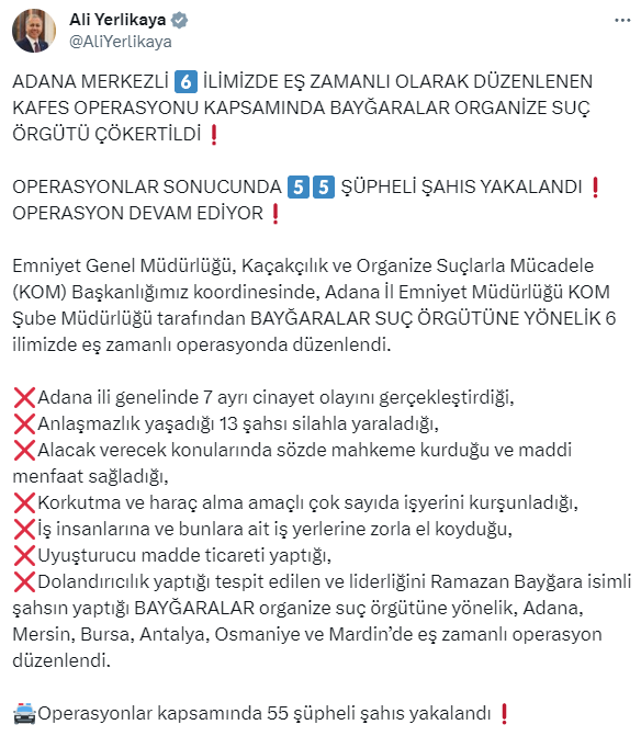 Adana merkezli 6 ilde eş zamanlı operasyon! Bayğaralar suç örgütü çökertildi