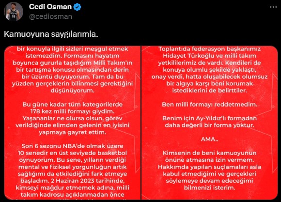 Cedi Osman, TBF Başkanı Hidayet Türkoğlu'na yanıt verdi: Ben milli formayı reddetmedim