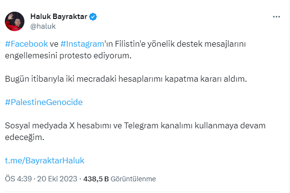 Haluk Bayraktar'dan Facebook ve Instagram'a Filistin tepkisi! Hesaplarını kapattı