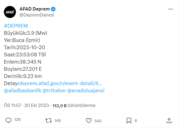 İzmir'de 3.9 büyüklüğünde deprem