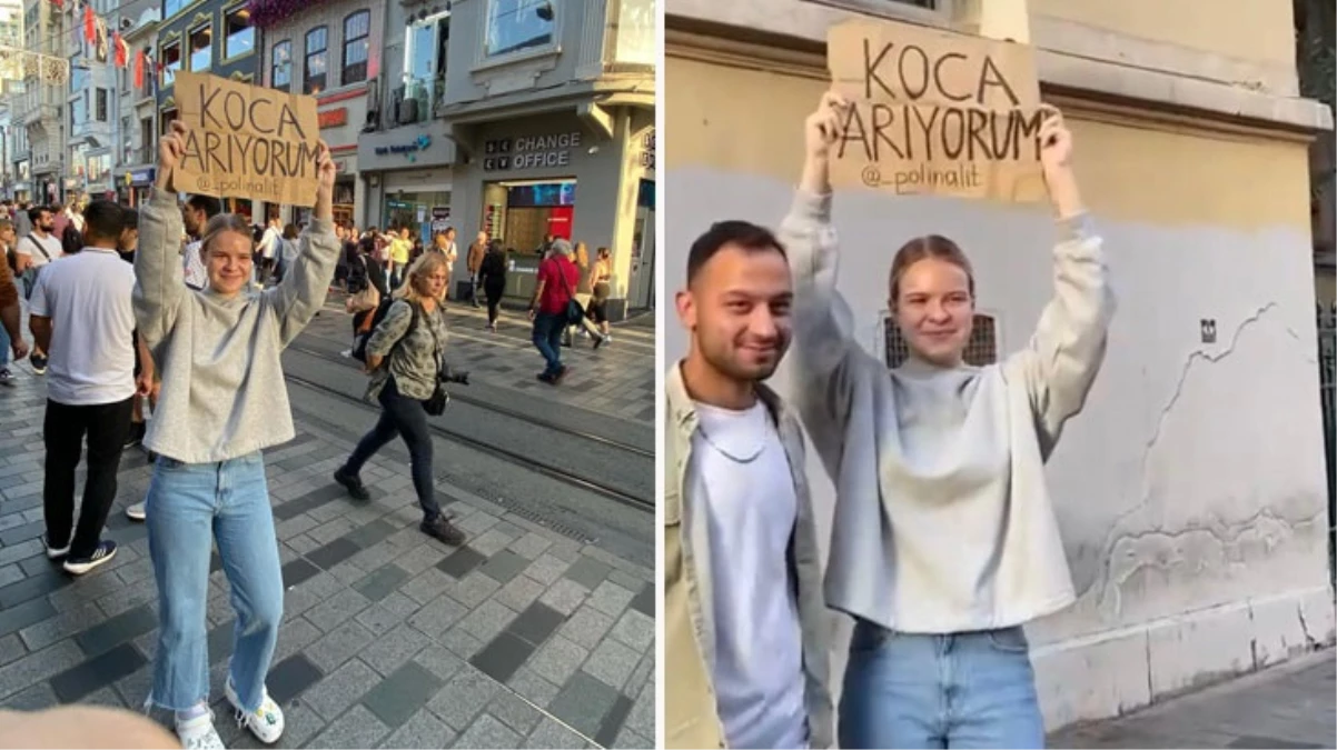 Taksim'de Belaruslu genç kadın 'Koca arıyorum' dövizi açtı: Bu bir şaka değil