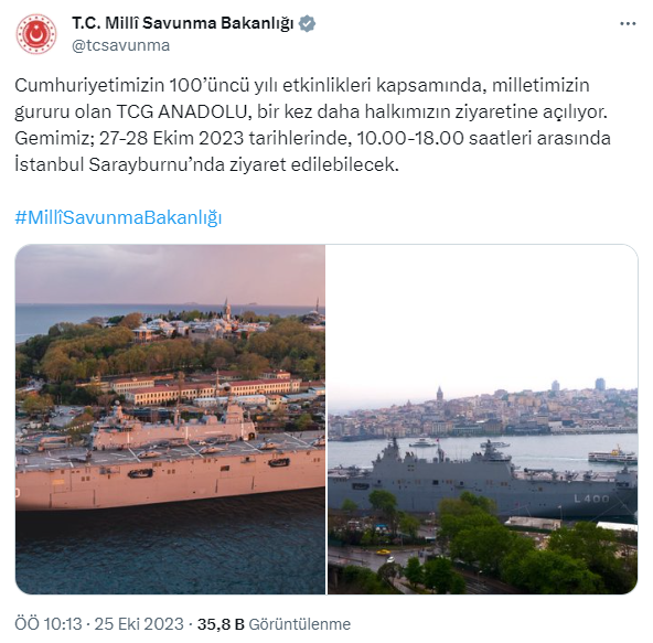 TCG Anadolu Gemisi Cumhuriyet'in 100. Yılı etkinlikleri kapsamında ziyarete açılıyor